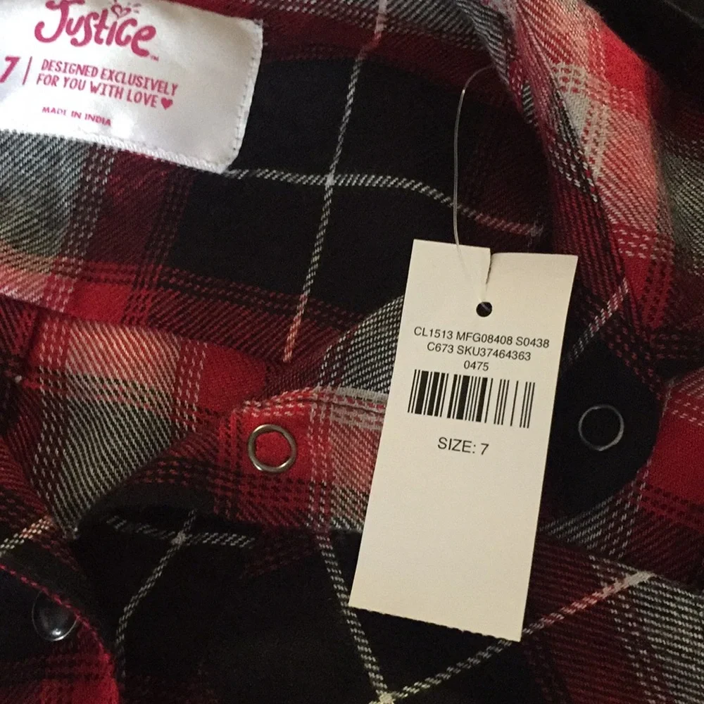 Justice long sleeve plaid shirt red and‎ black size 7